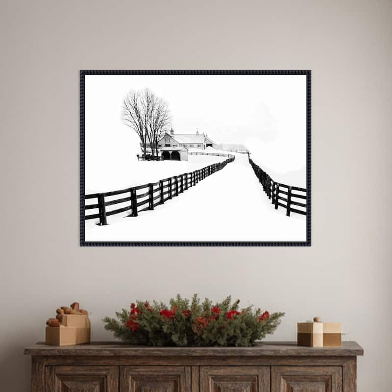 Winter Horse Barn by Jasmine (30 x 23 in.), Framed Canvas Wall Art Print - Sylvie Beaded Black