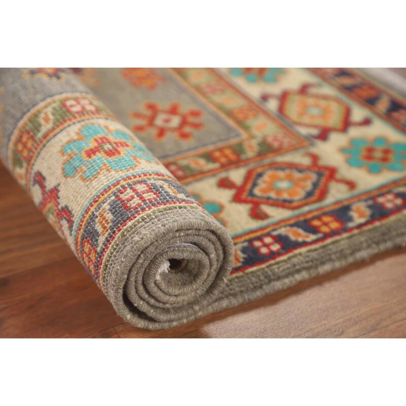 Geometric Kazak Foyer Rug Handmade Grey Wool Carpet - 2'8" x 4'0"
