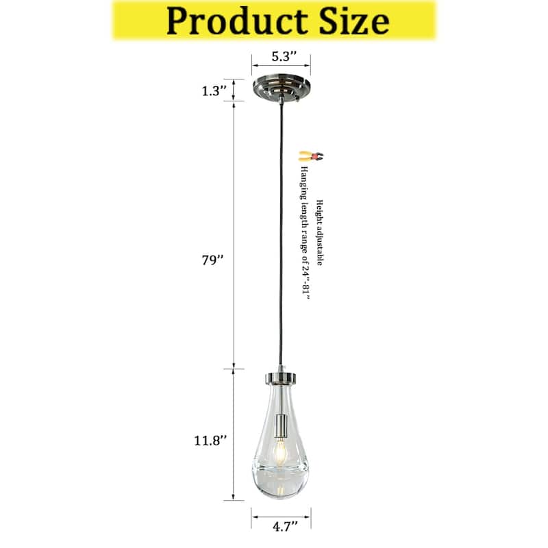 CraftHome Single 5.13" Wide Cord Hung Farmhouse Glass Pendant Rustic Kitchen Hanging Lamp With Clear Teardrop Shade