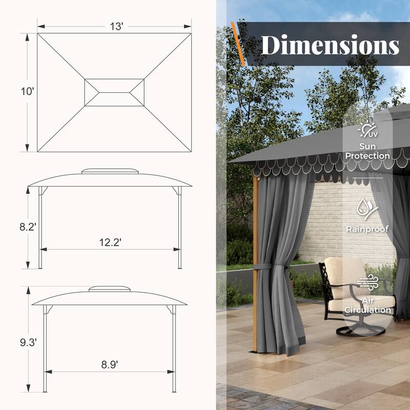 10 x13 ft Patio Gazebo Heavy Duty Metal Frame Canopy Tent with Double Roof & Mosquito Netting