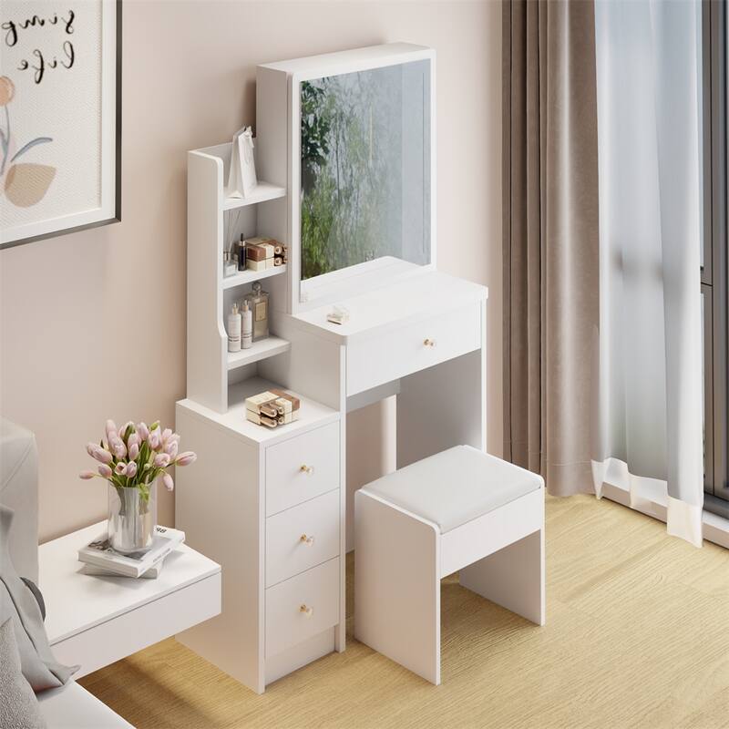 Small Space Left Bedside Cabinet Vanity Table + Cushioned Stool