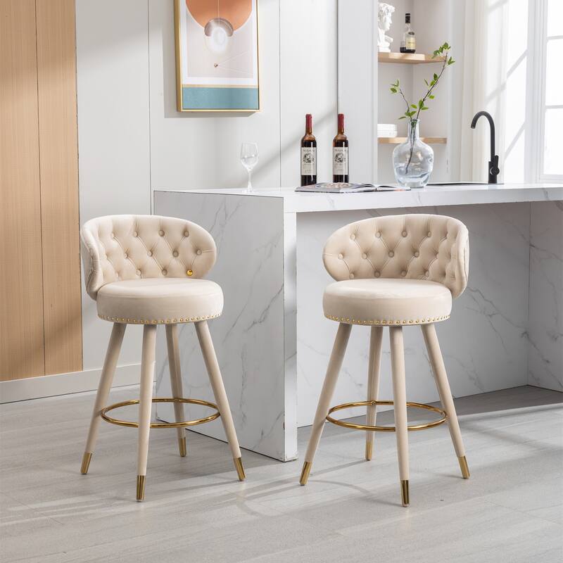 Set of 2 Counter Height Velvet Bar Stools with Solid Wood Legs - Beige