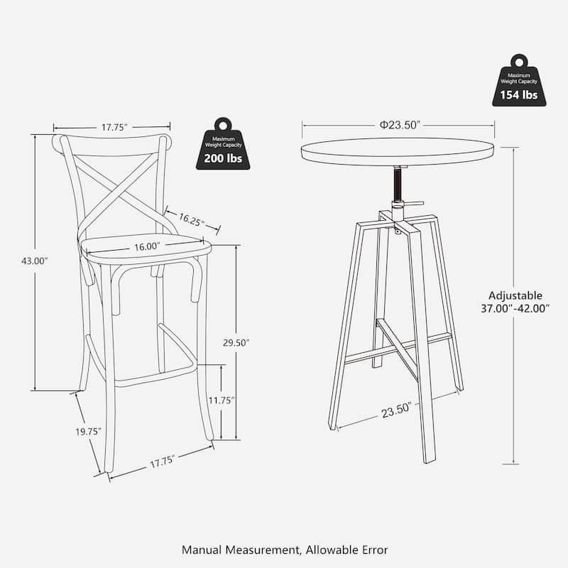 Glitzhome Industrial Modern Adjustable Bar Table Rustic Steel 3-Piece Pub Sets