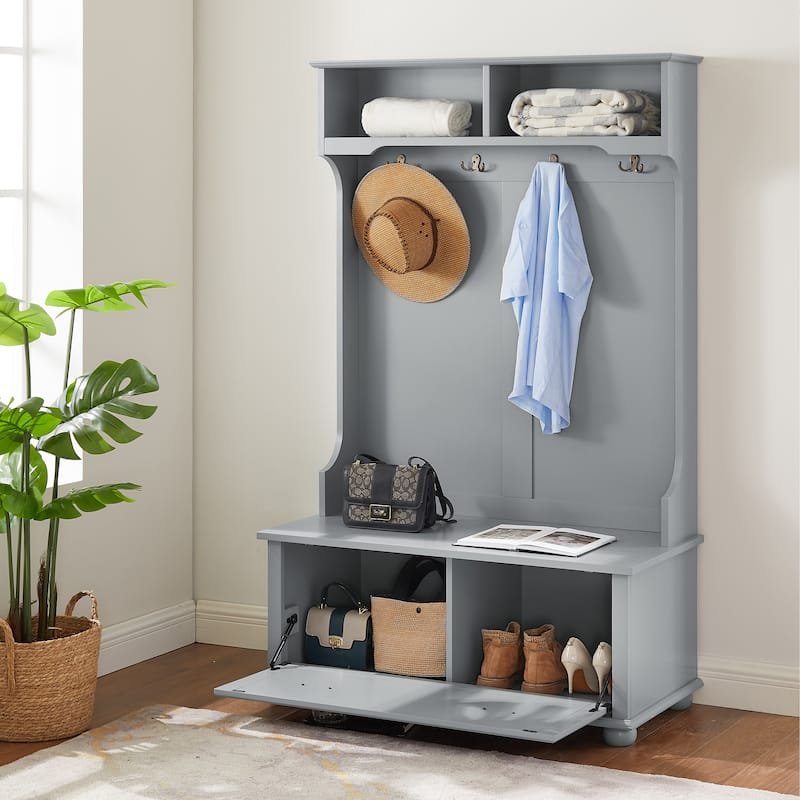 40" Hall Tree with Shoe Rack Bench and Coat Hooks, Entryway Bench with Open Shelves and Shoe Cabinets - Grey