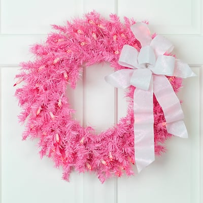 24" Pre-Lit Pink Spruce Artificial Christmas Wreath, Pink Lights