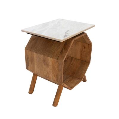 Wood, marble Hexagon Side Table, Brown 21.5"H - 18.0" x 14.0" x 21.5"