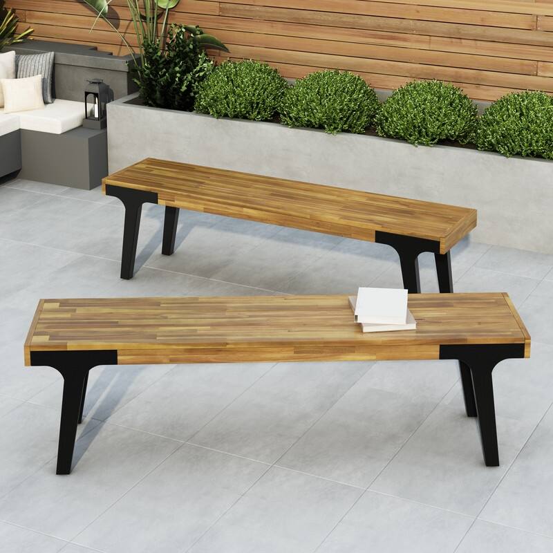 Modern Acacia Wood Dining Bench (Set of 2) - Weather-Resistant Outdoor/Indoor Seating
