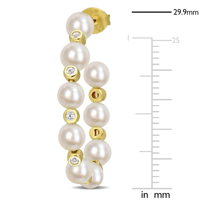 Miadora 4.5-5mm Cultured Freshwater Pearl and 1/2ct TGW White Topaz Beaded Hoop Earrings in Yellow Silver