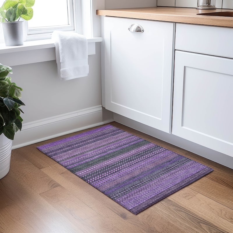 Machine Washable Indoor/ Outdoor Moroccan Stripes Chantille Rug - Purple - 1'8" x 2'6"