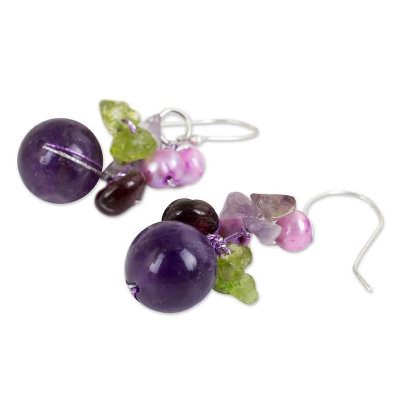 NOVICA Handmade Sterling Silver Garnet Amethyst Bright Dangling Earrings (Thailand) - 1.4*0.6