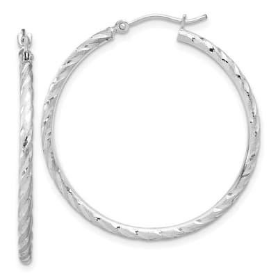 Curata 14k White Gold Polished and Satin Diamond cut Hoop Earrings - 35.4x35mm