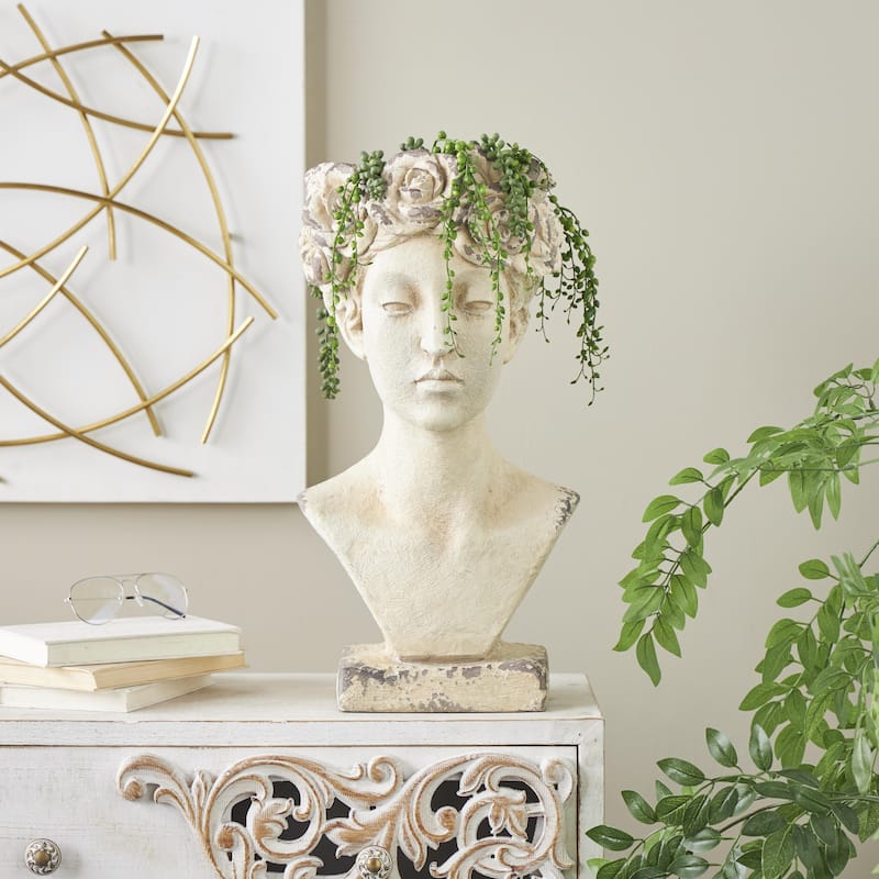 Magnesium Oxide Woman Distressed Antique Greek Bust Indoor Outdoor Planter with Floral Accents - Cream - Roche River Decor