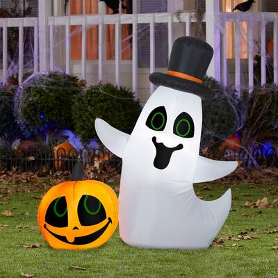 Gemmy Airblown Ghost w/Pumpkin Scene, 4 ft Tall, white