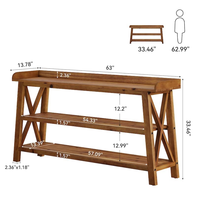 63'' 3-Tier Solid Wood Console Table with Top Side Guard for Entryway