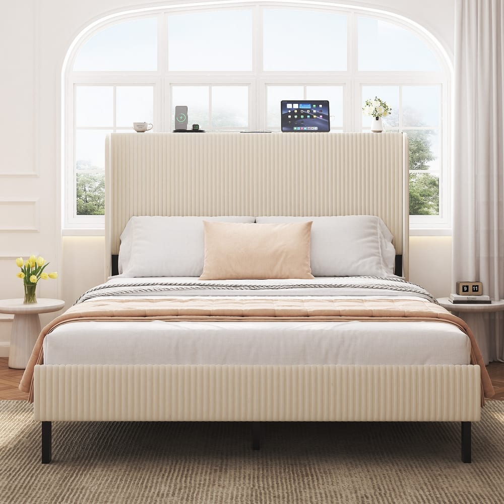 Upholstered Platform Bed Metal Bed Frame with High Headboard, 2 Charging Ports and LED Lights, Noise-Free Metal Slats, Beige