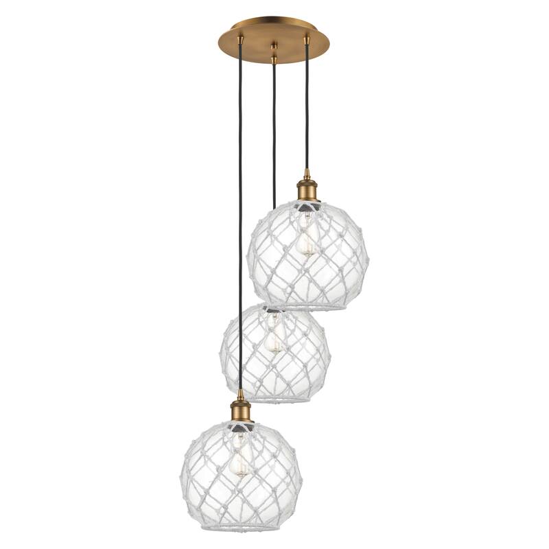 Innovations Lighting Endless Possibilities Ballston - Farmhouse Rope - 3 Light 17" Cord Hung Multi Pendant - Clear Glass with White Rope/Brushed Brass