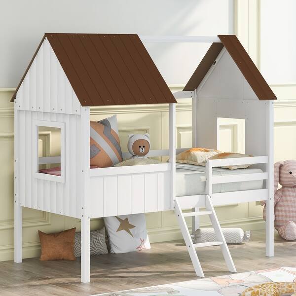slide 2 of 11, Twin Size Low Loft Bed with with Two Side Windows, House-shaped Bed with Ladder, Pine Wooden Bed with Guardrail, White+Brown White+Brown