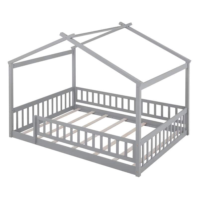 Full Size Wood House Bed Frame with Roof and Fence, for Kids, Teens, Girls, Boys