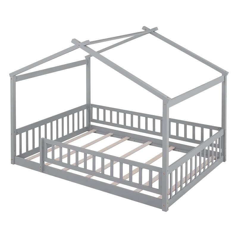 Wooden Full Size House Bed with Enclosed Play Space and Fence Design