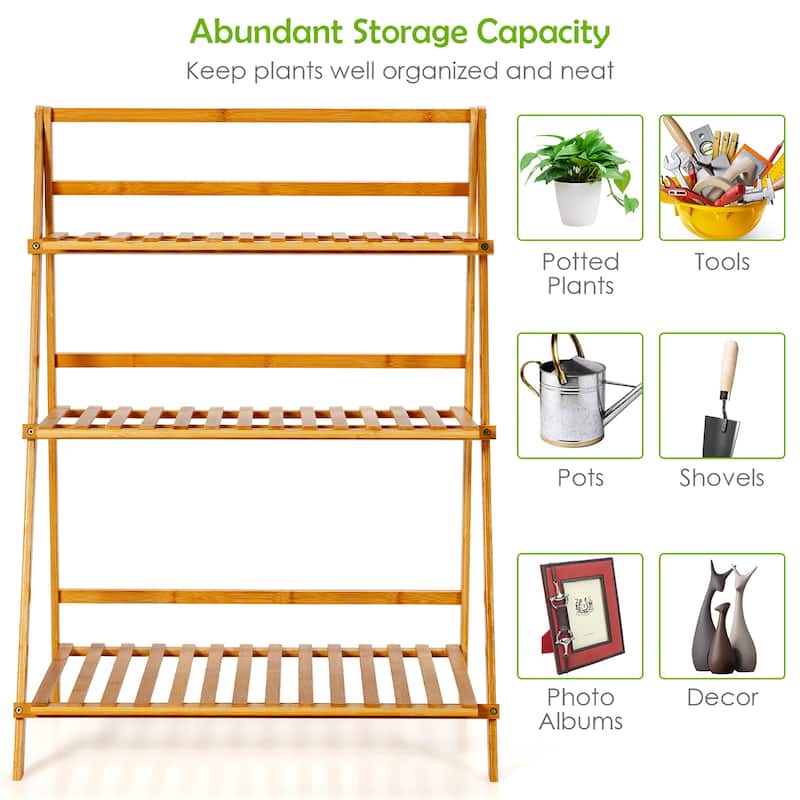 Costway Bamboo Ladder Plant Stand 3-Tier Foldable Flower Pot Display - 27.5'' x 15'' x 37.5''