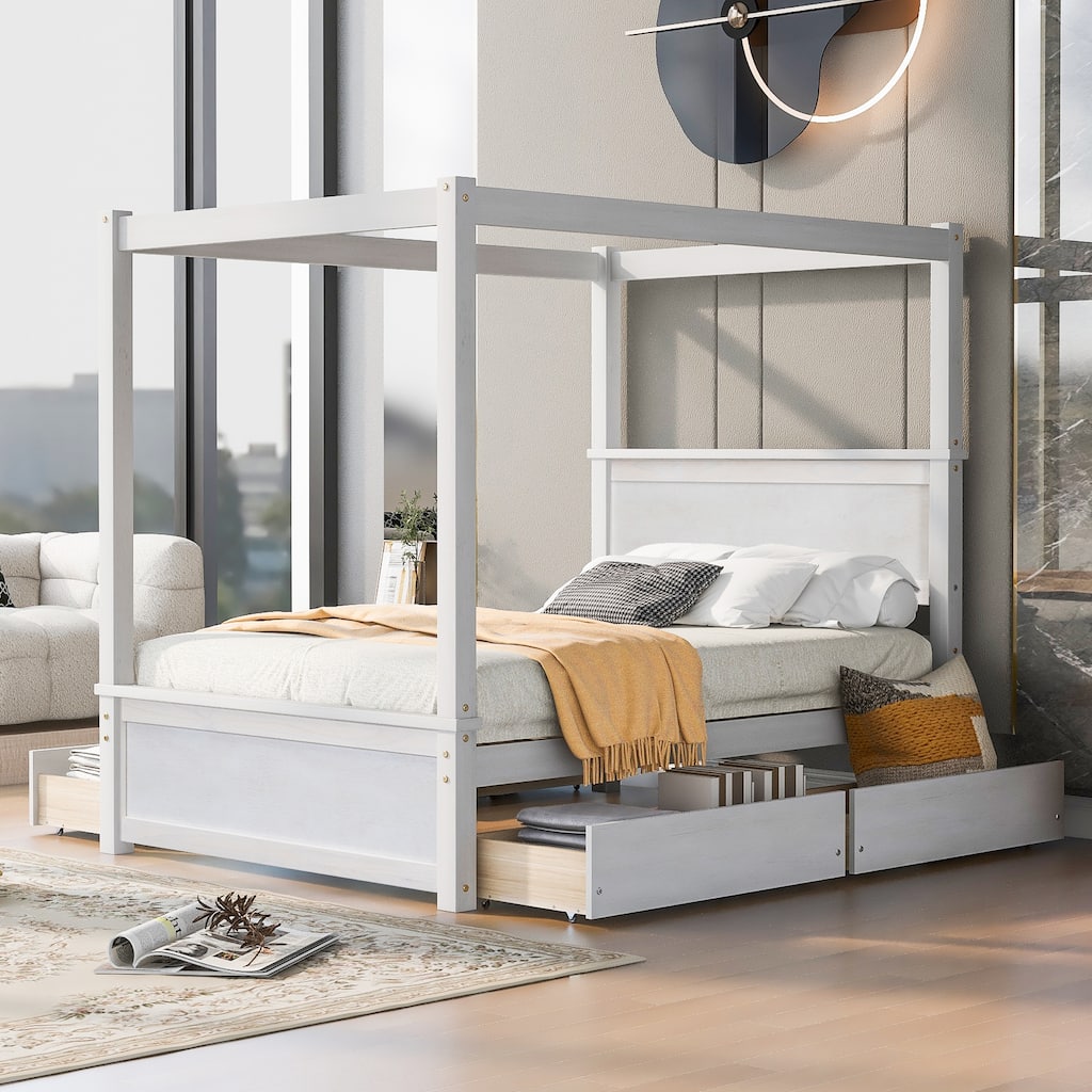 Full Size Wood Canopy Bed with Drawers, Brushed White Finish, No Box Spring Needed