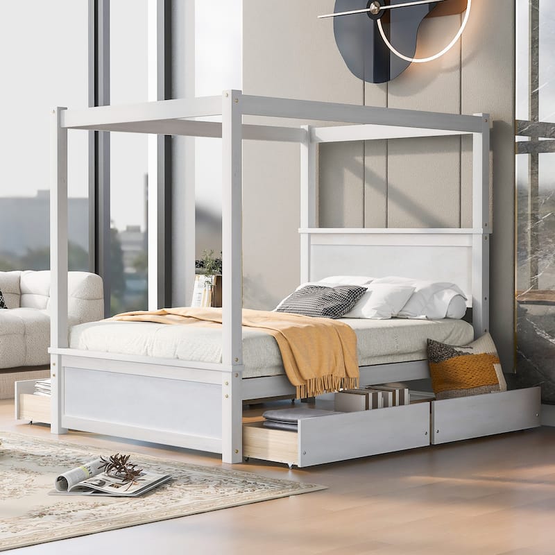 Wood Canopy Bed with four Drawers ,Full Size Canopy Platform Bed With Support Slats .No Box Spring Needed, Brushed White