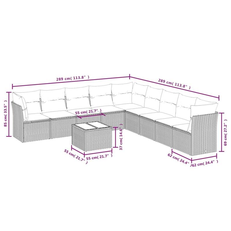 vidaXL Garden Sofa Set Grey PE Rattan 10 Piece Set Adjustable Feet - 113.8 x 24.4 x 33.5