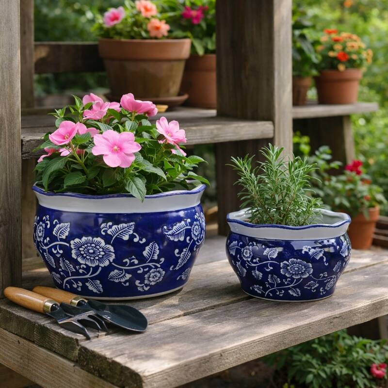 Traditional Ceramic Chinoiserie Planters - Set of 2