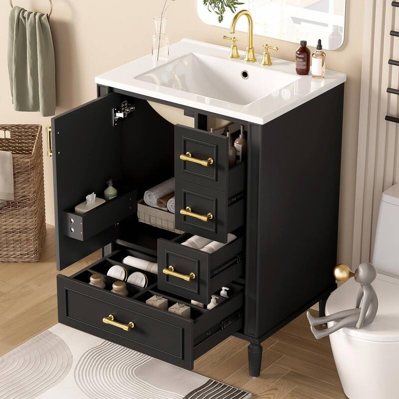 24" Modern Bathroom Vanity with Ceramic Sink, Soft-Close Door, 3 Drawers, Gold Handles & Door Rack