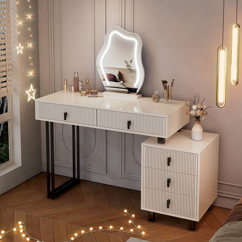 Adjustable-Length Vanity with Cloud LED Mirror - Modern Makeup Table with Storage Drawers & Side Cabinet, Ribbed Texture Design