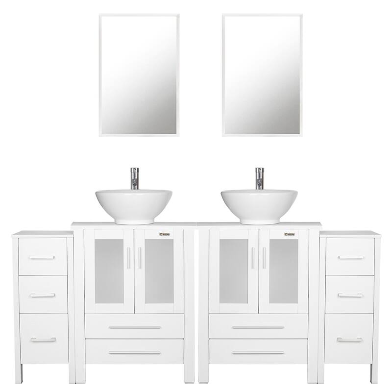 72" Bathroom Vanity Set Vessel Sink Cabinet Mirror Combo - White - white ceramic round sink