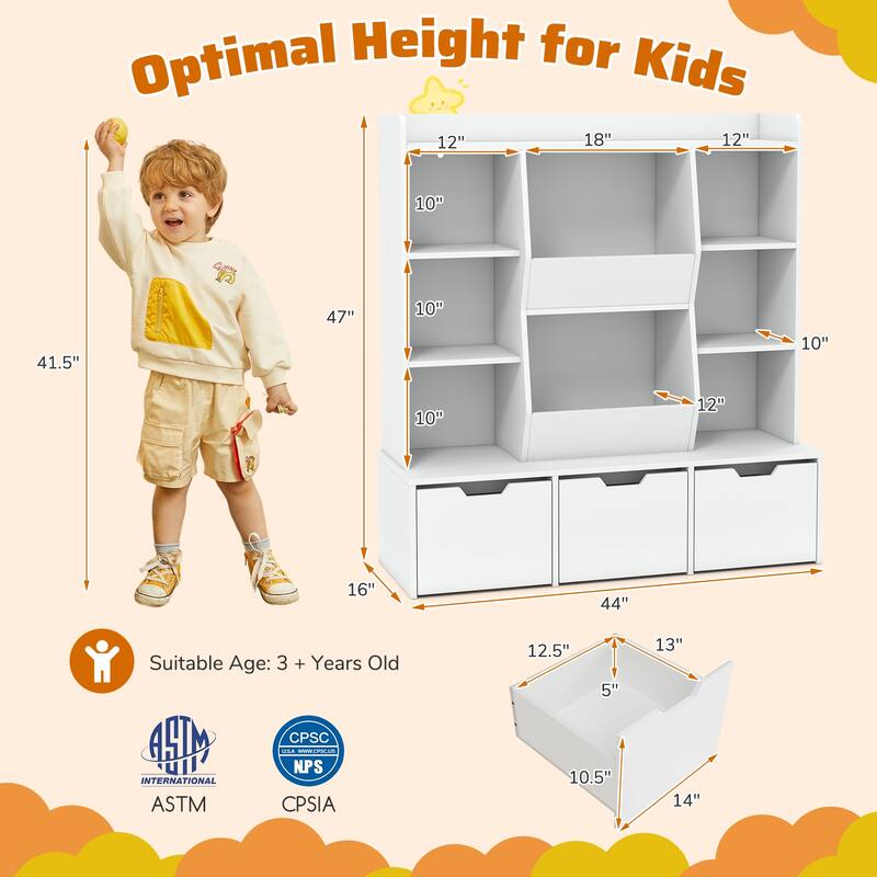 White Kids Storage Cabinet with Drawers and Cubbies Wooden Toy Organizer and Bookshelf for Playroom or Bedroom - 44" x 16" x 47"