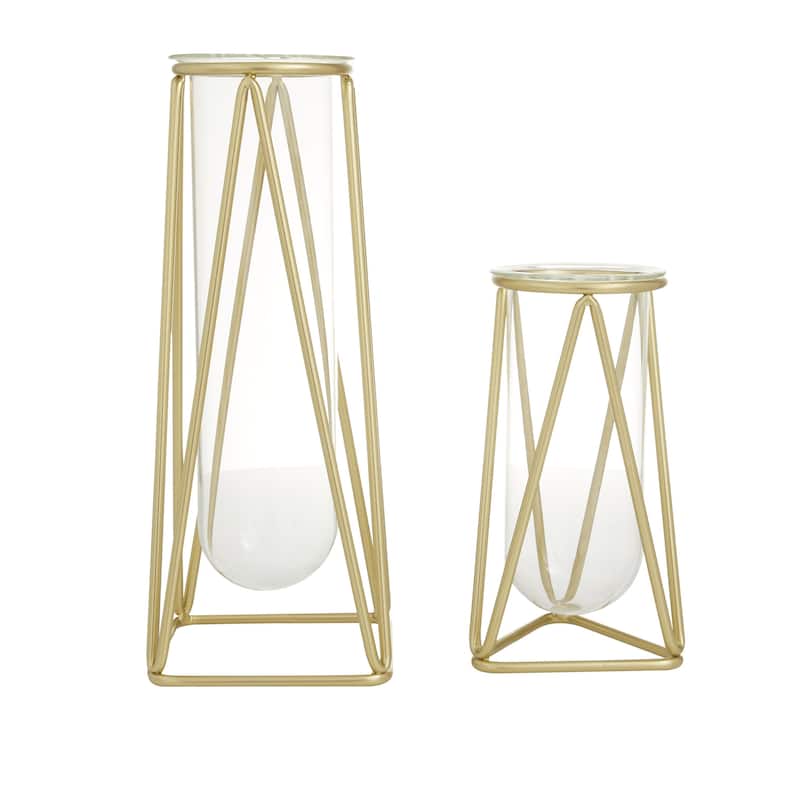 Glass Tube Decorative Vase with Metal Stand - Set of 2 Gold or Black - Roche River Decor