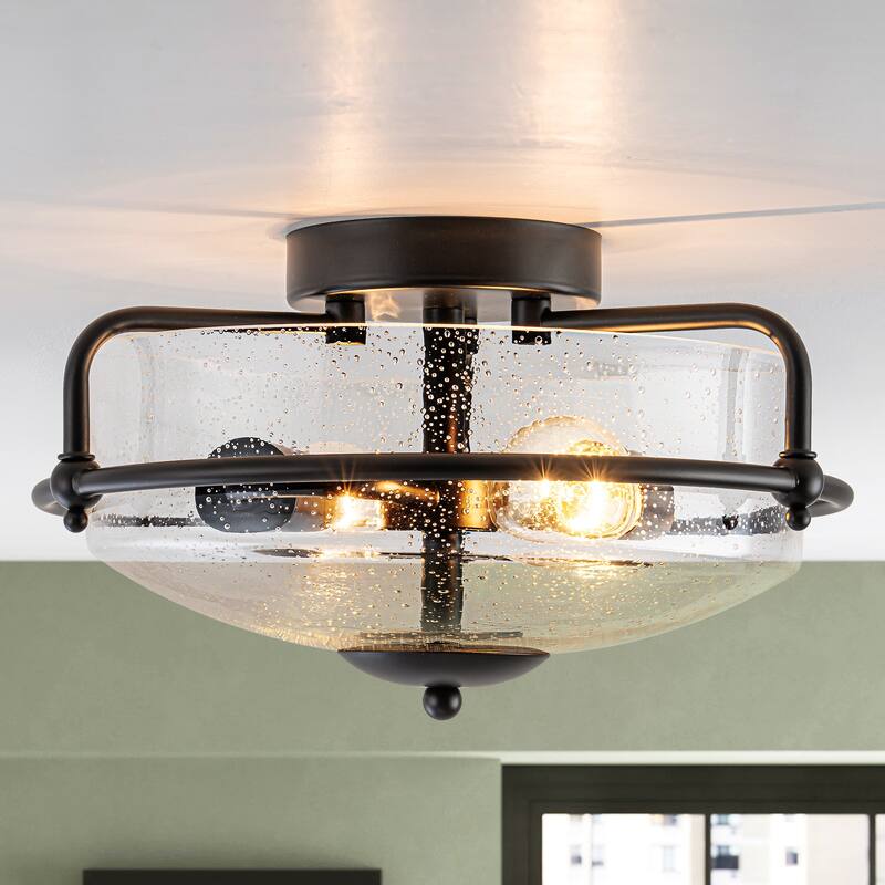 2-Light Modern Transitional Metal & Glass Flush Mount with Clear Bubble Glass Shade for Bedroom - 12.6 in. W x 7.3 in. H - 12.6 in. W x 7.3 in. H - Black