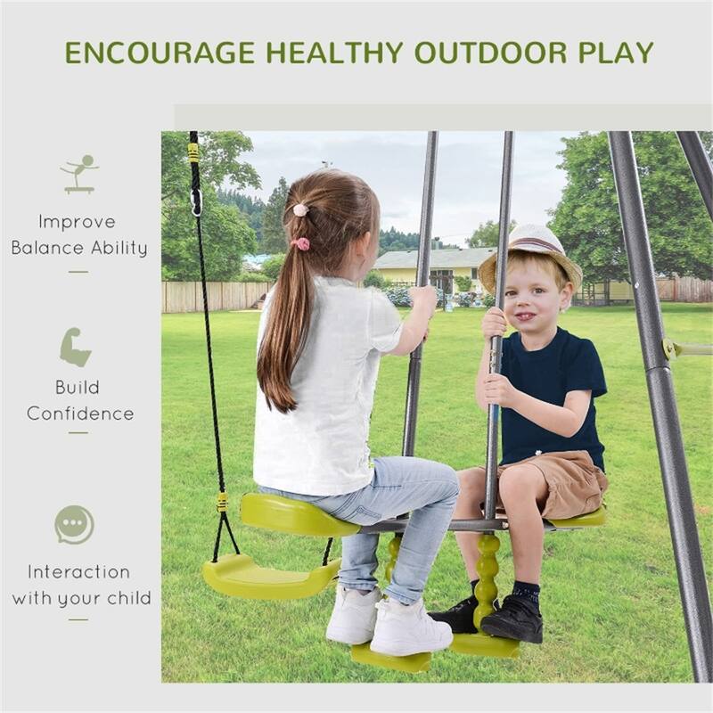 Grey-Green Metal A-Frame Outdoor Swing Set with Glider and Rope Ladder - 84.75"/116.25" L x 54.25" W x 69" H