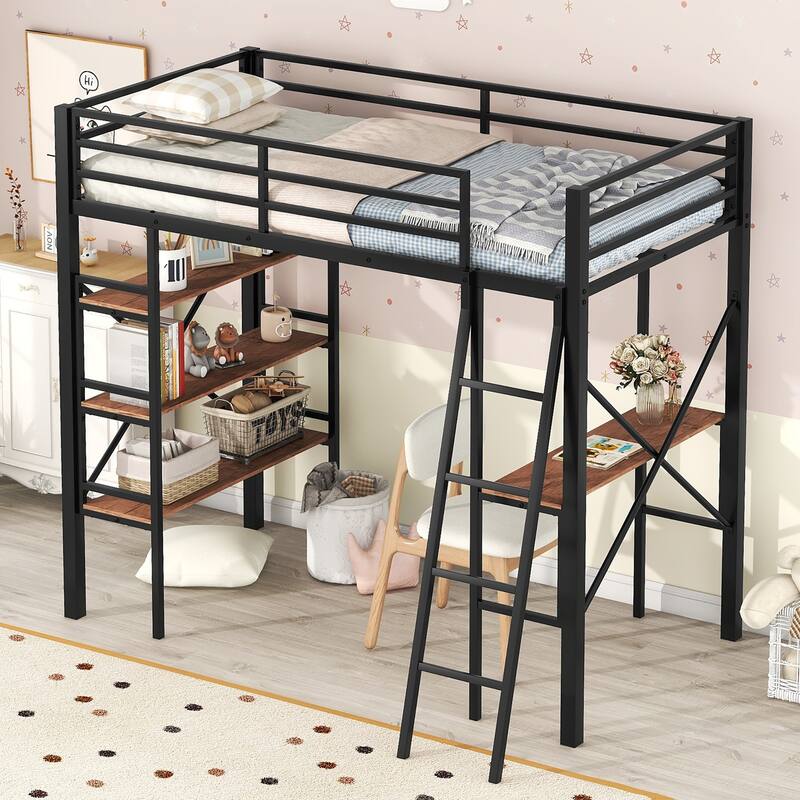 Twin Size Loft Bed with Ladder and Full Length Guardrail, Metal Bed Frame with Shelves and Desk, No Box Spring Needed for Kids - Black