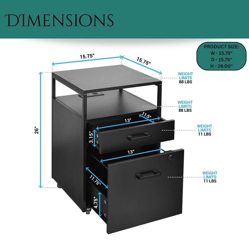 Compact Rolling File Cabinet with Lock, USB Port & Power Outlet