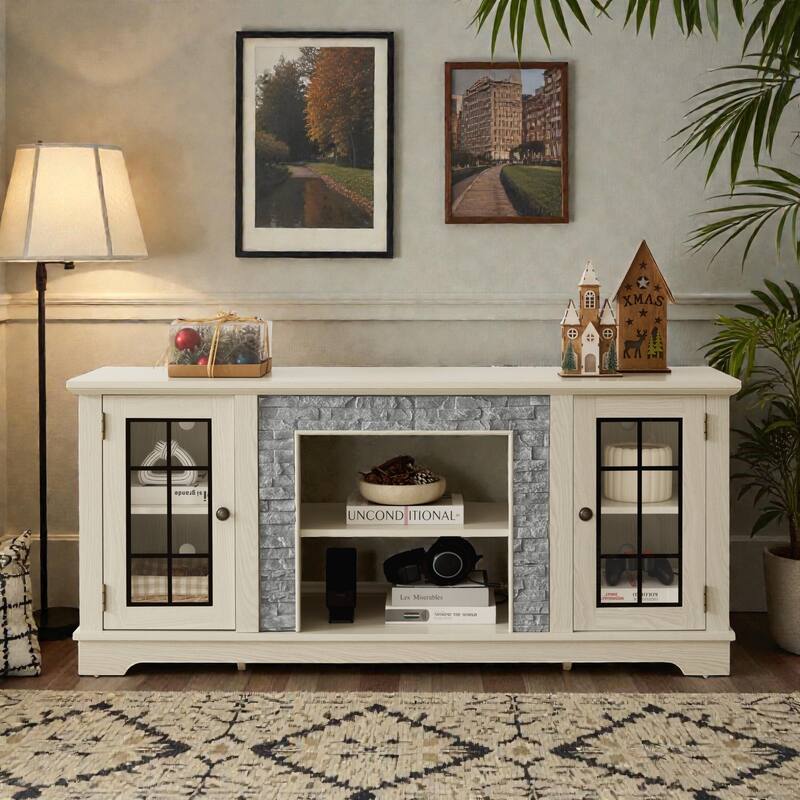 58" Modern TV Stand with Faux Stone Surround, Media Console Cabinet with 2 Doors and Shelves for TVs up to 75" - White