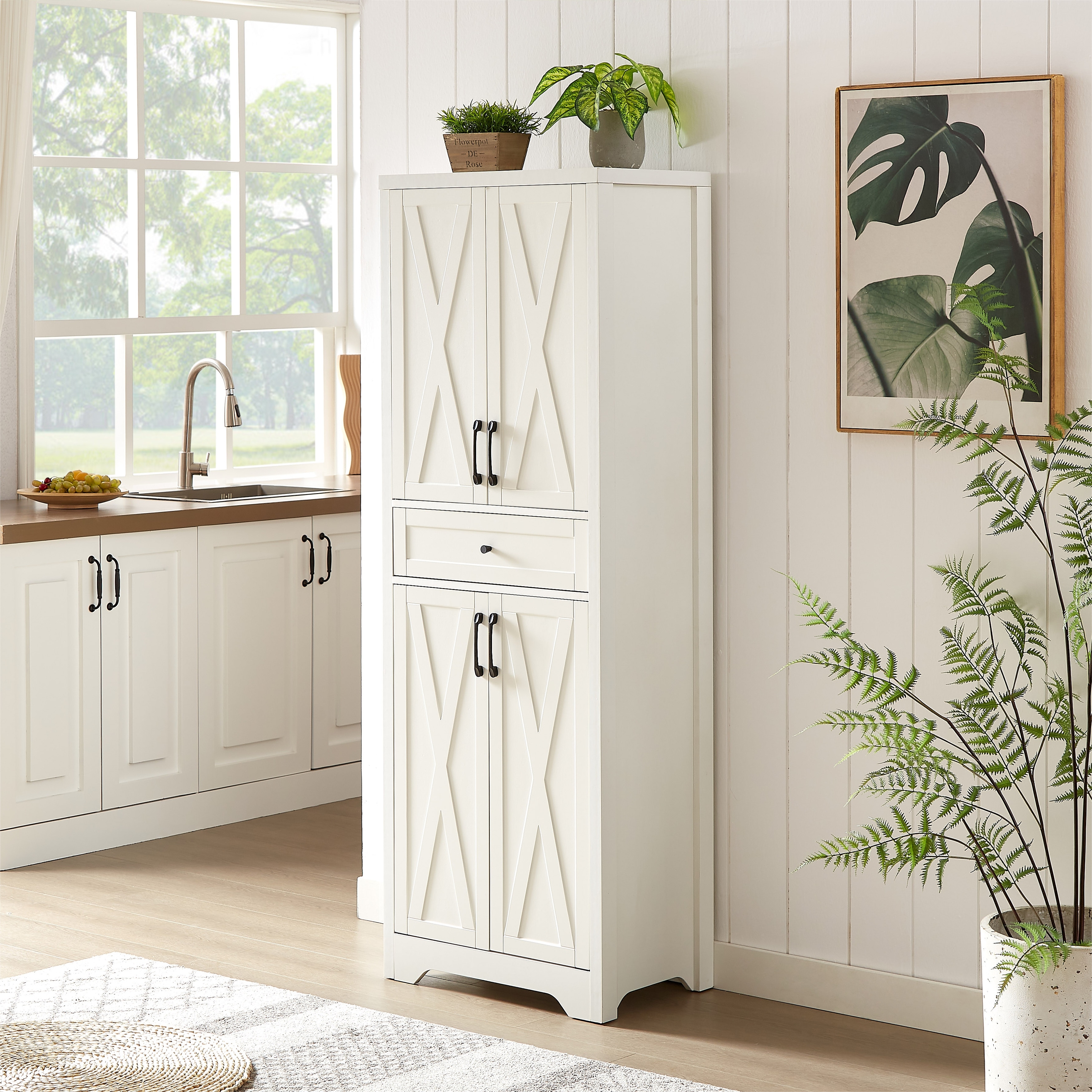 Anmytek White Farmhouse Storage Cabinet 68"Tall with X Frame Doors Adjustable Shelves