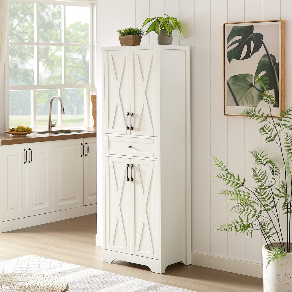 Anmytek White Farmhouse Storage Cabinet 68"Tall with X Frame Doors Adjustable Shelves