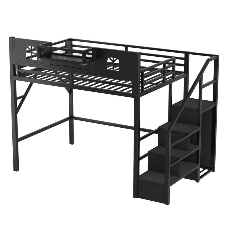 Roomfitters Full/Queen Metal Loft Platform Bed, Staircase Wardrobe and LED Charging Station with House Guardrails for Bedrooms