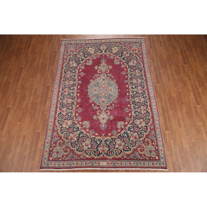 Hand Knotted Oriental 100% Wool Carpet Traditional Floral Pink Kerman Area Rug - 9' 8'' X 6' 8''
