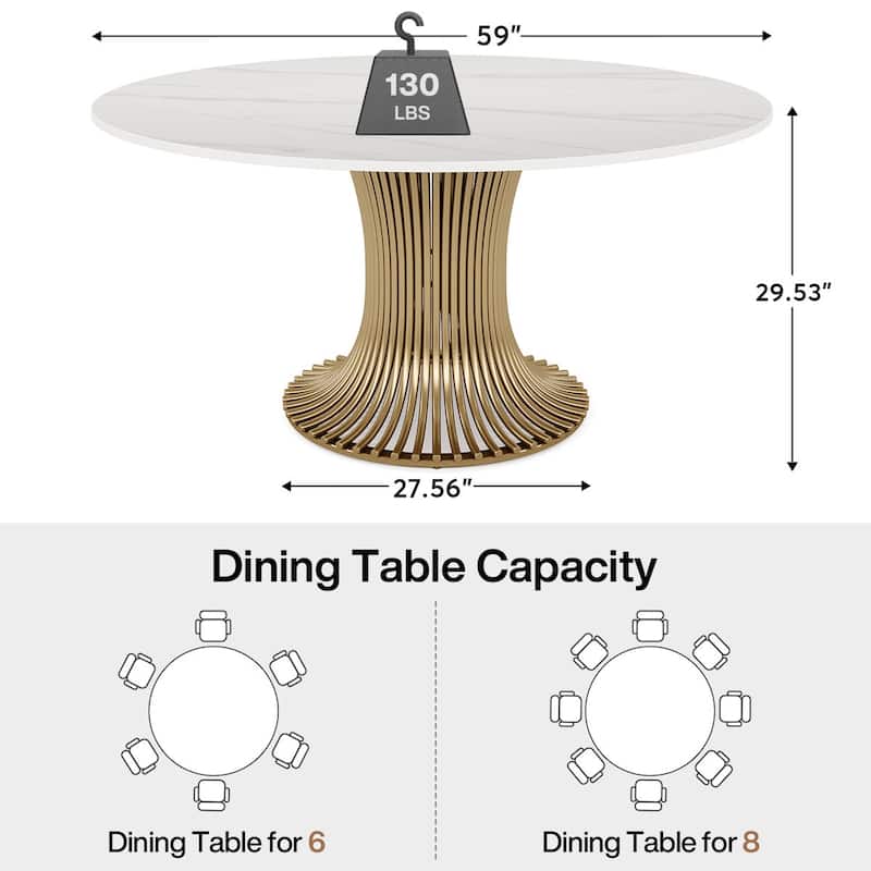 Modern Sintered Stone Round Dining Table With Gold Stainless Steel Pedestal For 6 People - Gold and White