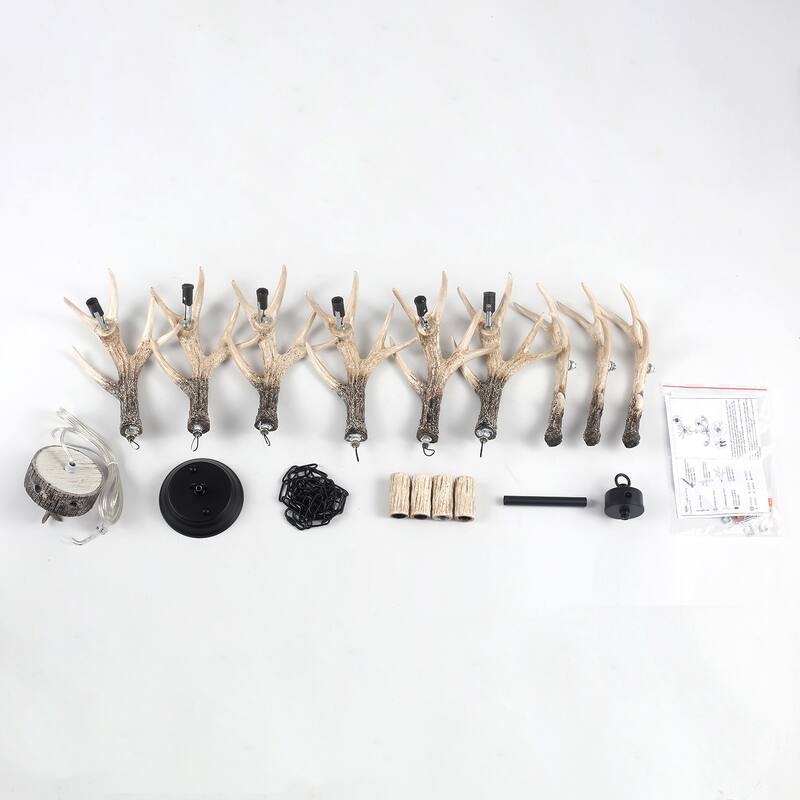 6-light farmhouse adjustable height pendant light with decorative resin antlers
