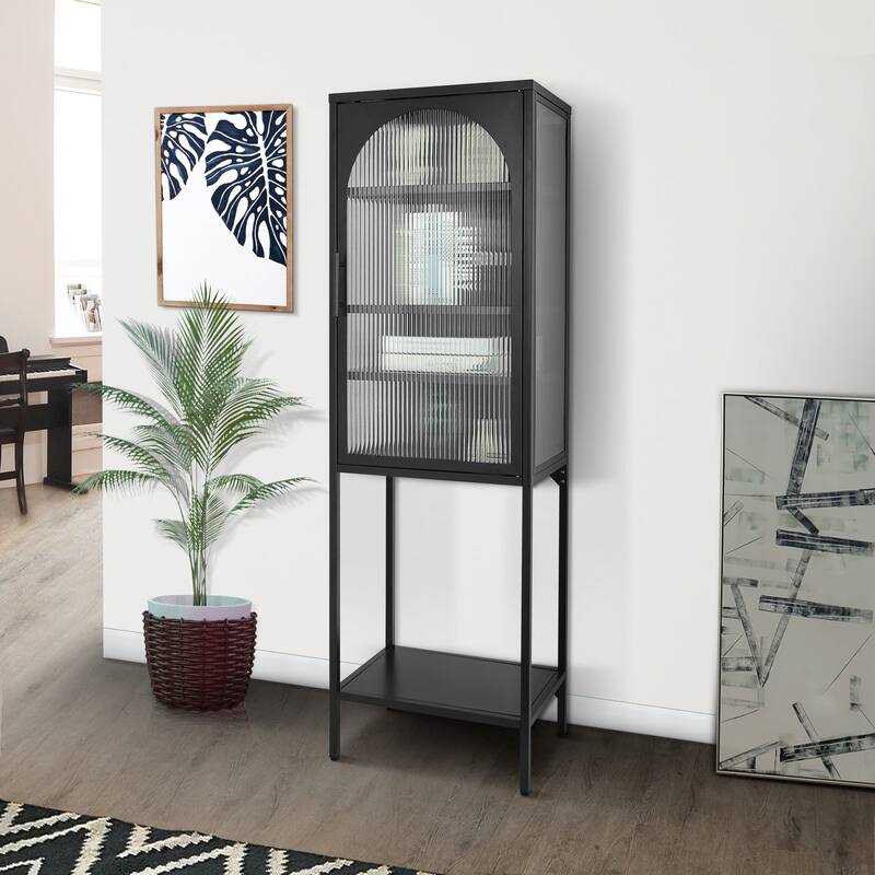 Stylish Tempered Glass High Cabinet with Arched Door Adjustable Shelves and Feet Anti-Tip Dust-free Fluted Glass Kitchen - Black