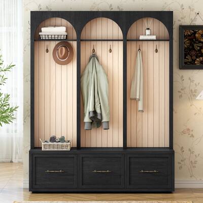 Farmhouse Wooden Hall Tree with Arched Design,8 Retro Hooks and 3 Drawers
