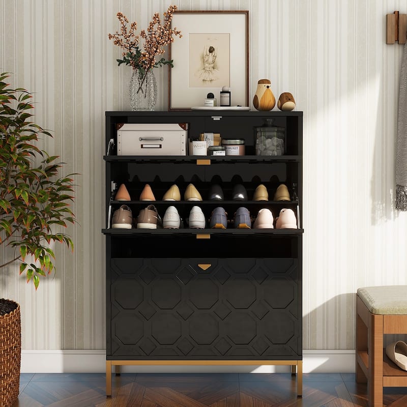 Clihome Shoe Organizer 24 Pairs Wood Shoe Storage Cabinet with Drawers - Black
