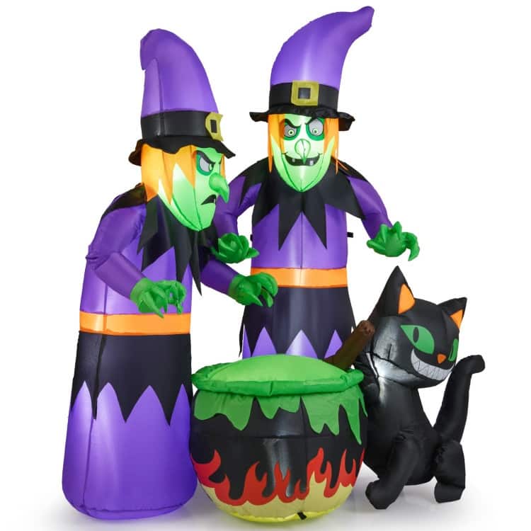 Multi-Color Polyester 6Ft Inflatable Halloween Witches with LED Lights and Black Cat