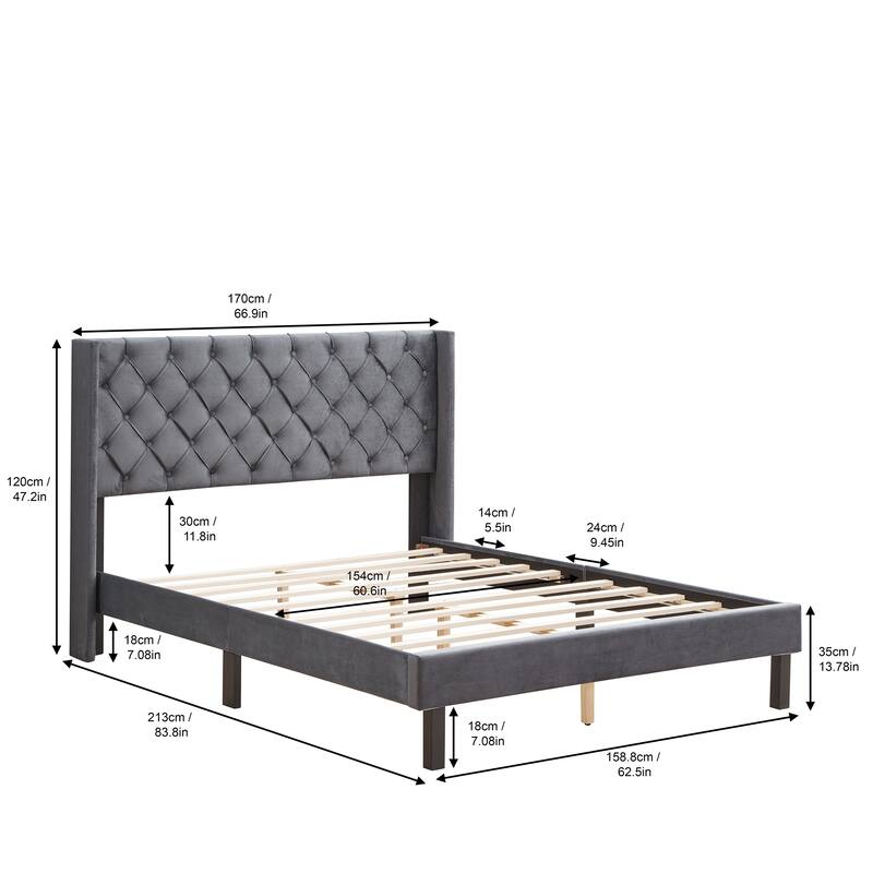 Gray Queen Size Velvet Tufted Platform Bed with Strong Support