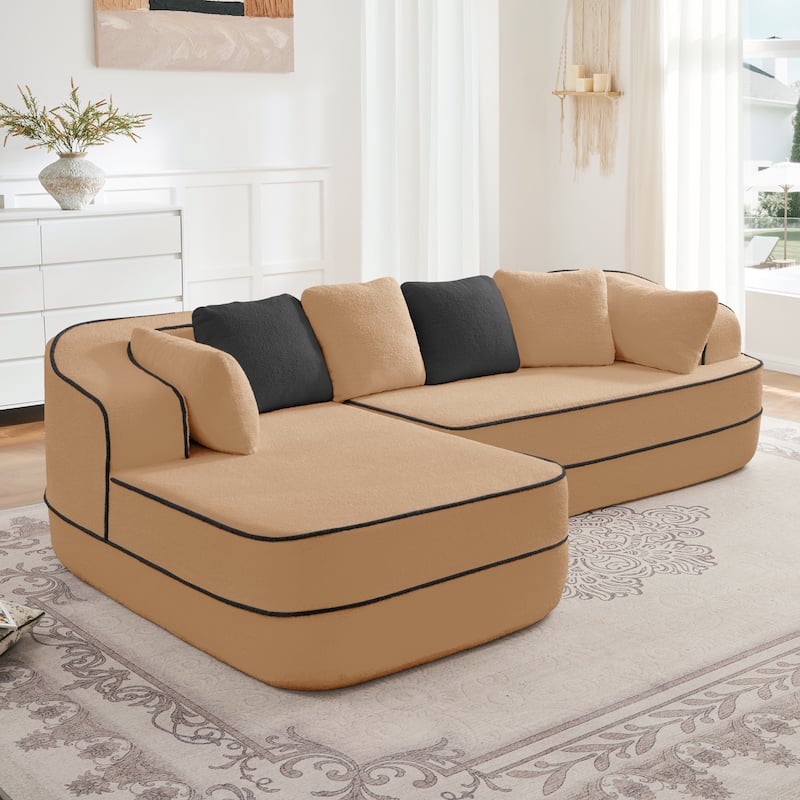 Roomfitters No Assembly Modular Sofa, 106 Inch Teddy Fabric Floor Couch with Chaise, Camel